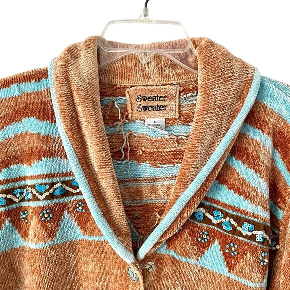 Sweater Sweater Chenille Cardigan Sweater Western Boho Navajo Tan Turquoise - Picture 2 of 9